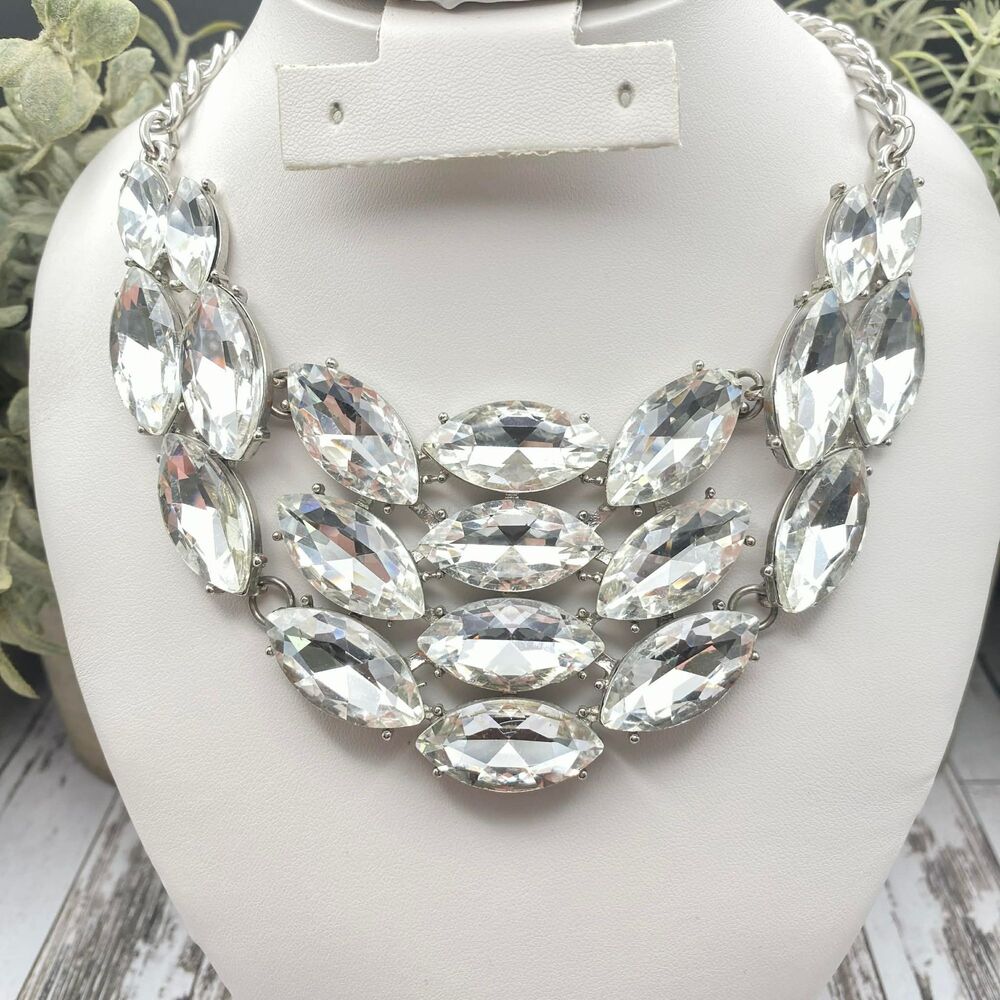 Natasha Crystal Bib Statement Necklace Silver Tone - Picture 2 of 7